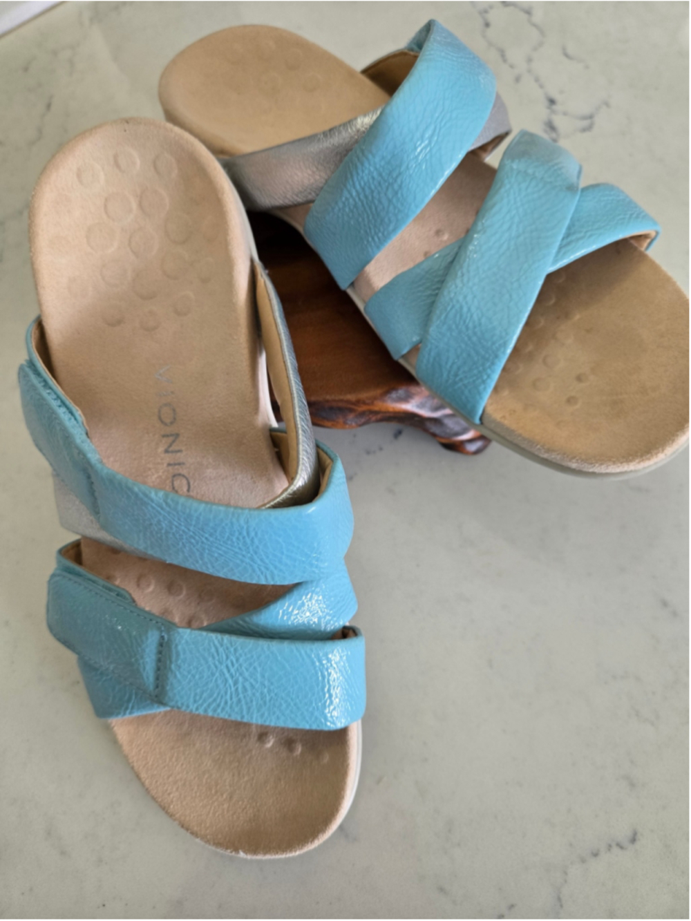 Vionic Hadlie Blue & Silver Leather Comfort Orthotic Slide Sandals Size 8.5